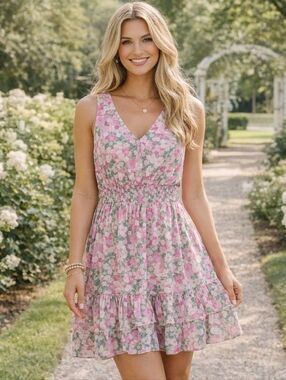 Vineyard Vines Floral Silk Blend Dress Pink Smocked Waist Tiered Mini NWT Large
